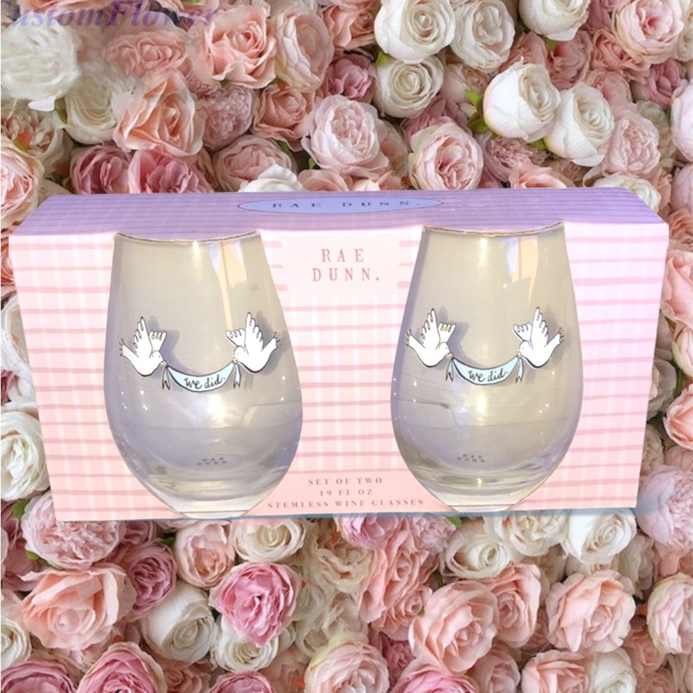Rae Dunn "We Did" White Doves 19 Fl Oz Stemless Wine Glasses Wedding
